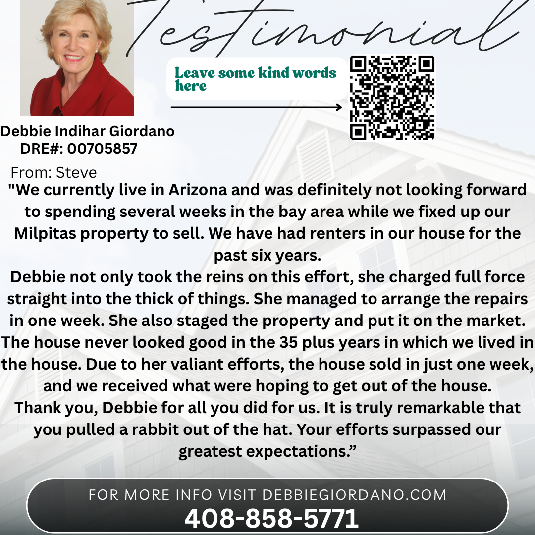 Testimonial for Debbie Giordano Best Realtor in Milpitas from Steve
