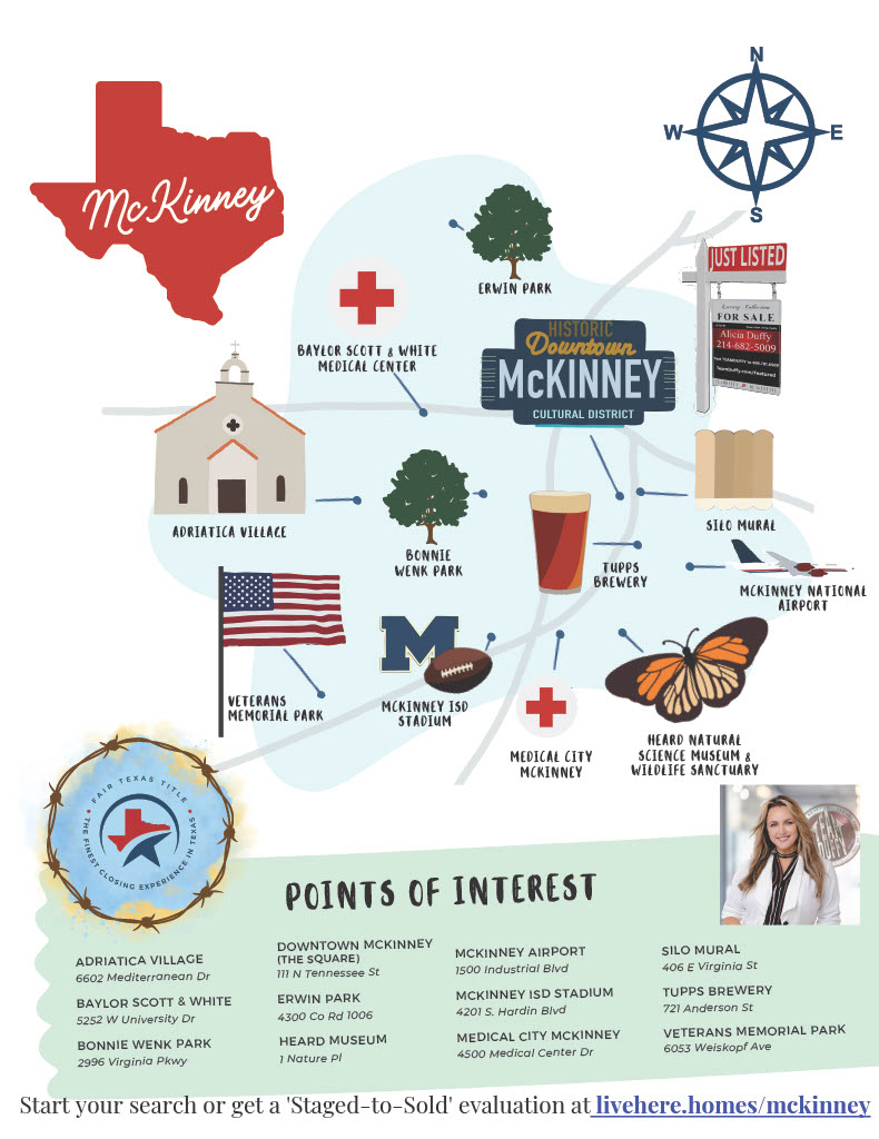 Interactive real estate map of McKinney, Texas, highlighting Stonebridge Ranch, the Historic District, and top-rated McKinney ISD schools, managed by local Realtor Alicia Duffy.